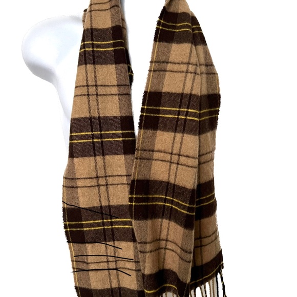 San Dino SCARF Rectangle Wool Brown Tan Yellow Plaid Check Cashmere Finish Italy - Picture 4 of 4